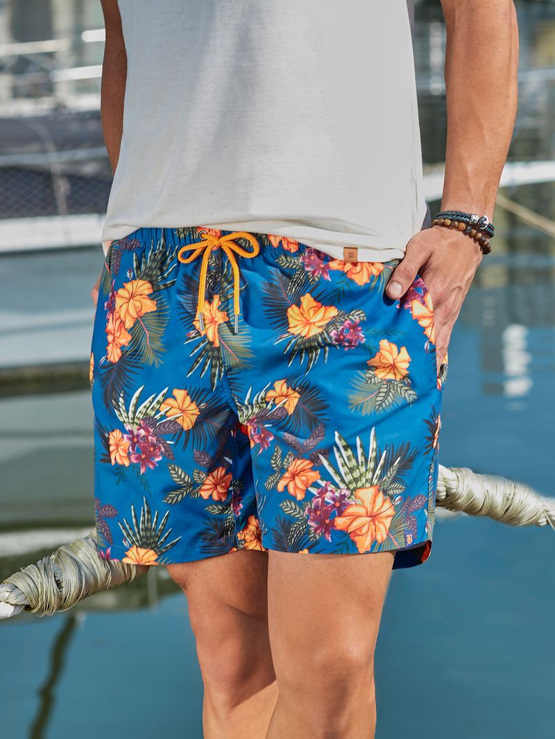 SHORT DE BANHO AZUL ESTAMPADO FLORAL