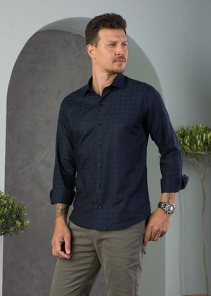 Camisa Elegance Manga Longa Azul Marinho Mini-Print