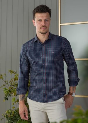 Camisa BGT Manga Longa Xadrez Fio Tinto Azul Marinho